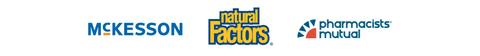 Logos for McKesson, Natural Factors, and Pharmacists Mutual