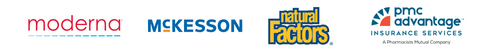 moderna, mckesson, natural factors, and pmc advantage insurance logos