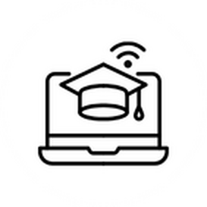 An icon of a laptop with a degree emerging from the screen with a wifi symbol